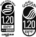 Two black and white USSSA softball certification stamps display the text 1.20 BPF with different logos and labels, including SLOW PITCH ONLY and NTS TESTED on the left stamp.