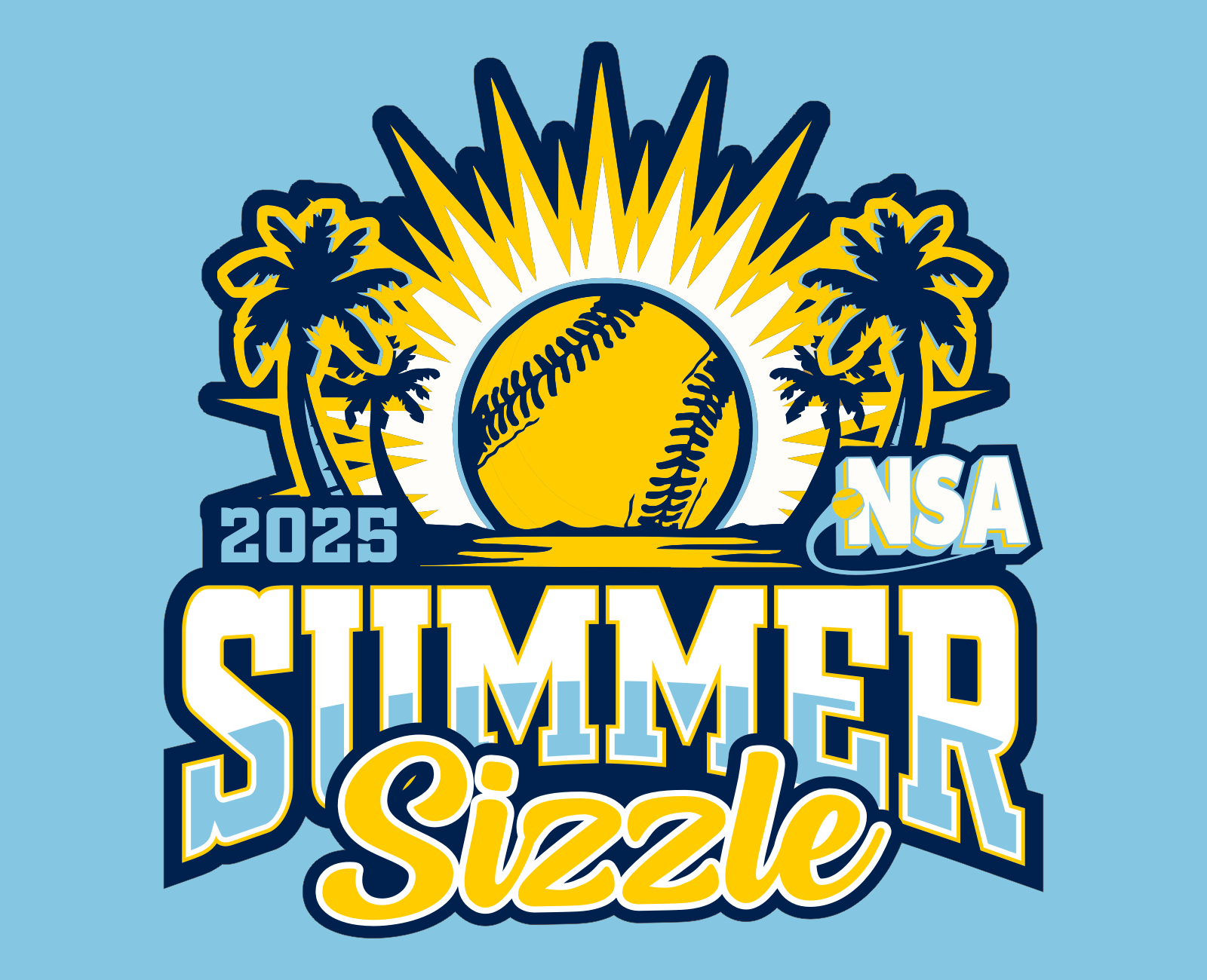 Logo with a softball, sunburst, and palm trees. Text reads 2025 NSA Summer Sizzle in bold yellow, white, and navy blue on a light blue background.