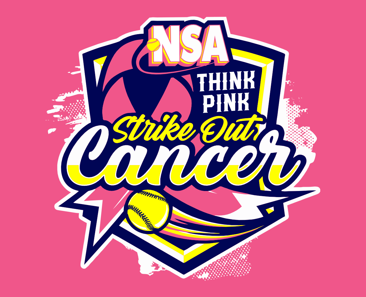 A graphic with a softball, a pink ribbon, and bold text reading NSA Think Pink Strike Out Cancer on a pink background, promoting cancer awareness and support.