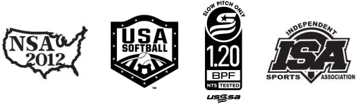 Four sports certification logos: NSA 2012 with a US map, USA Softball with a shield and ball, USSSA 1.20 BPF, and ISA Independent Sports Association.