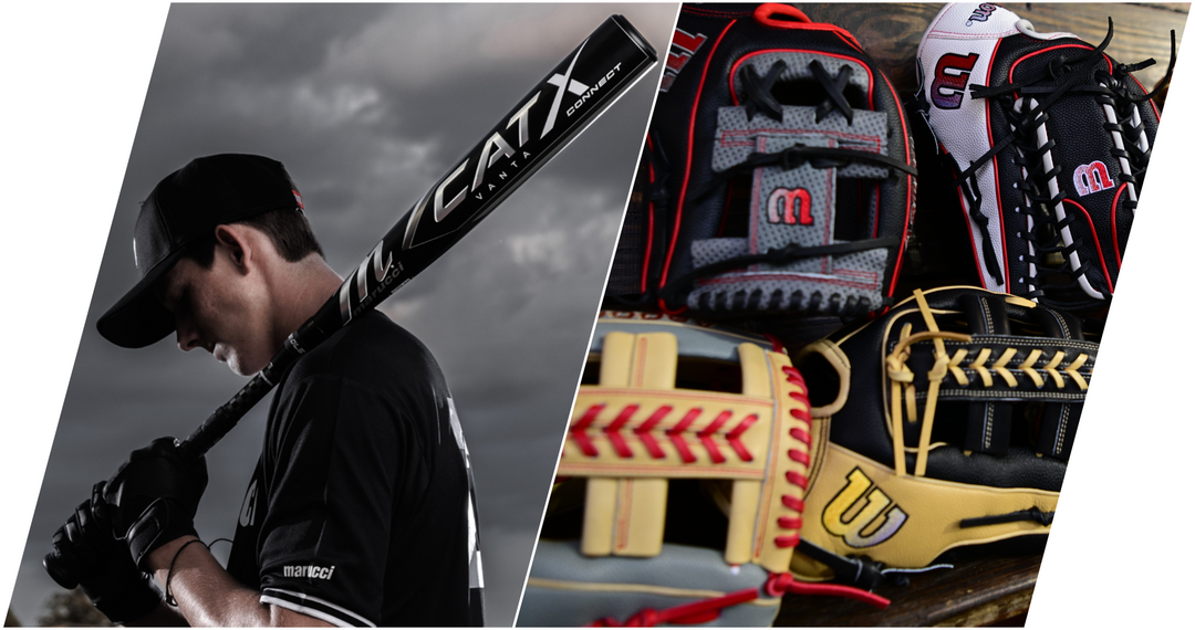 A baseball player holds a CATX bat over his shoulder on the left, while on the right are close-up shots of Wilson baseball gloves and cleats arranged neatly.