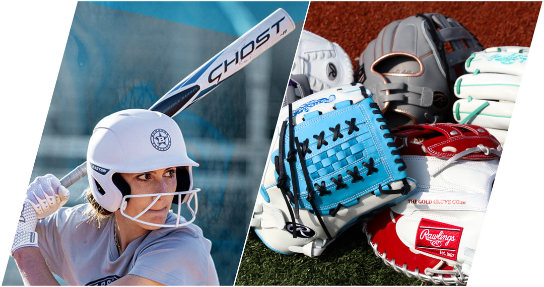 A softball player in a helmet holds a bat, ready to swing. Next to her are various colorful softball gloves and a catchers mitt lying on artificial turf.