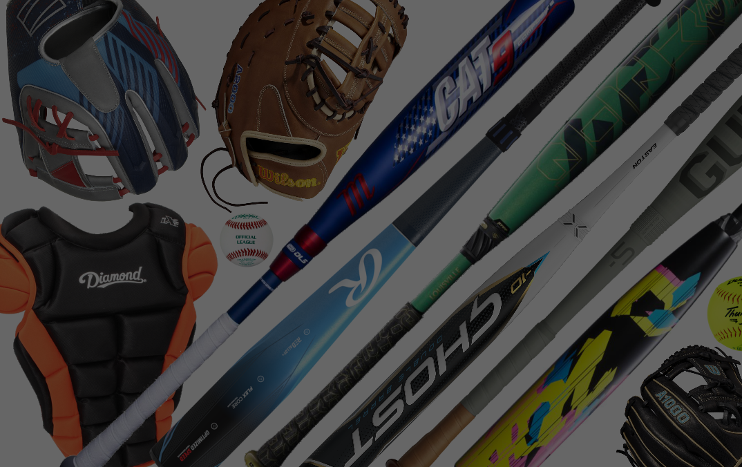 Assorted baseball and softball equipment, including bats, helmets, gloves, a catchers chest protector, and two baseballs, displayed against a plain background.