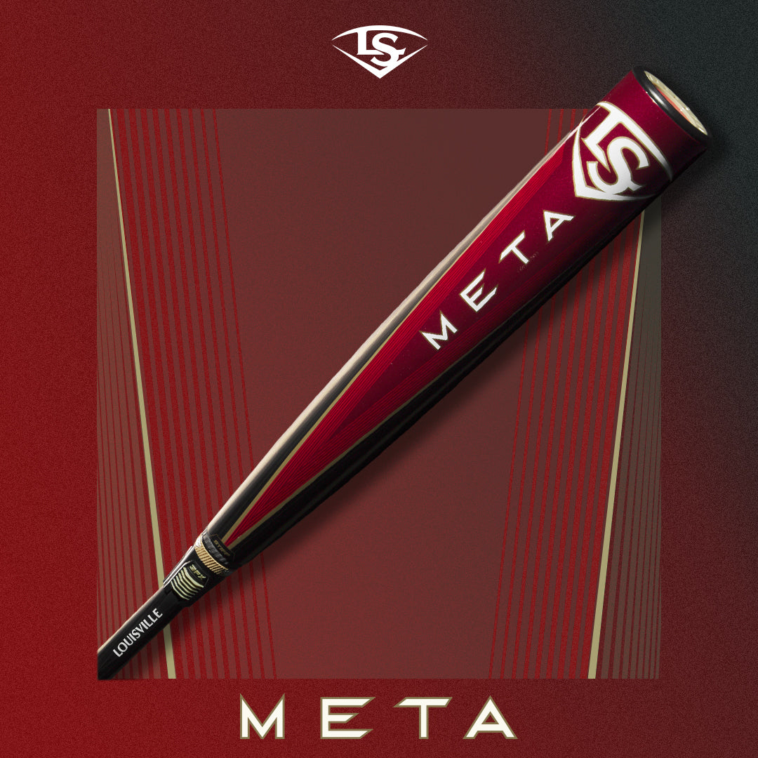 A Louisville Slugger Meta baseball bat, angled diagonally on a red and black gradient background with gold lines. The word META is written on the bat and at the bottom of the image. The Louisville Slugger logo is at the top.