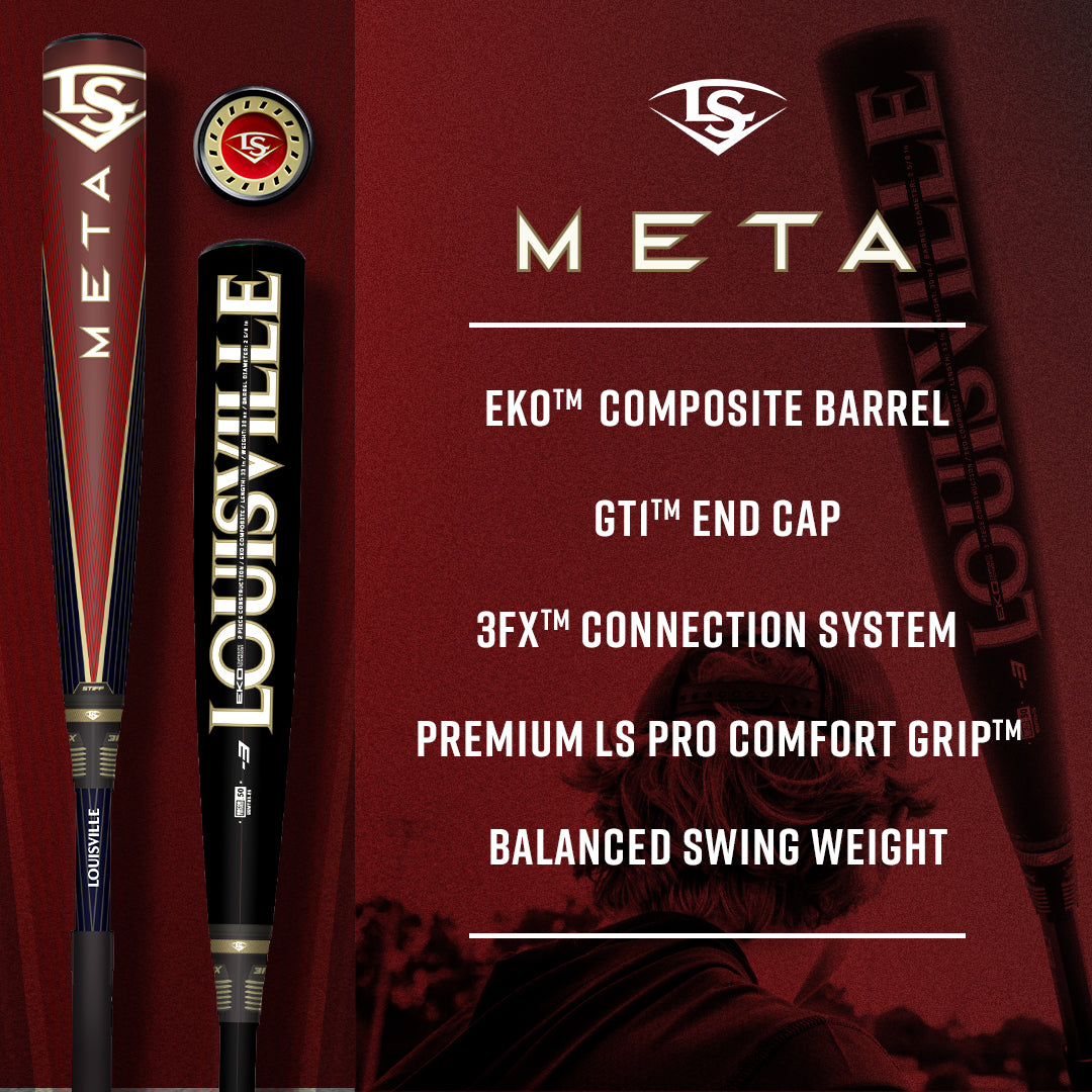 Two Louisville Slugger META baseball bats are displayed vertically on a red background with product features listed: composite barrel, end cap, connection system, comfort grip, and balanced swing weight.