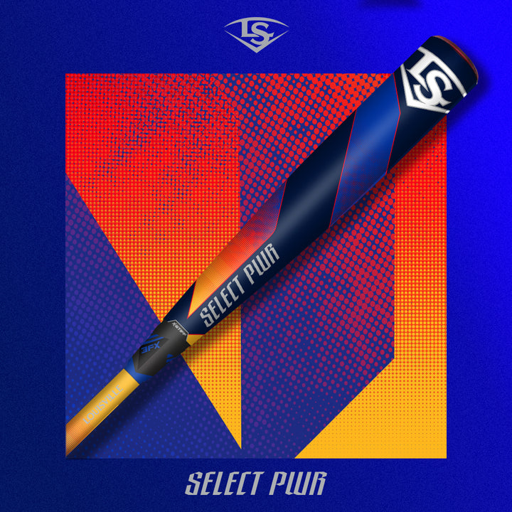 The 2025 Louisville Slugger Select PWR (-3) BBCOR Baseball Bat (WBL2967010 DEMO) features a bold EXD Alloy Barrel in blue, orange, and yellow gradients on a geometric background, with the Louisville Slugger logo above and at the top.