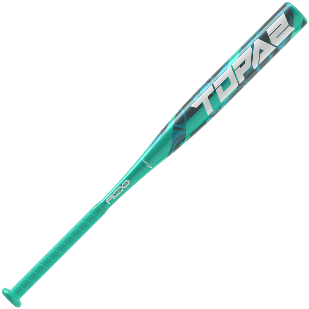 The 2025 Easton Topaz (-10) Fastpitch Softball Bat (EFP5TPZ10) features a teal and black design, "TOPAZ" in large white letters on the barrel, "FLEX" near the handle, and a matching teal grip—ideal for youth softball players.