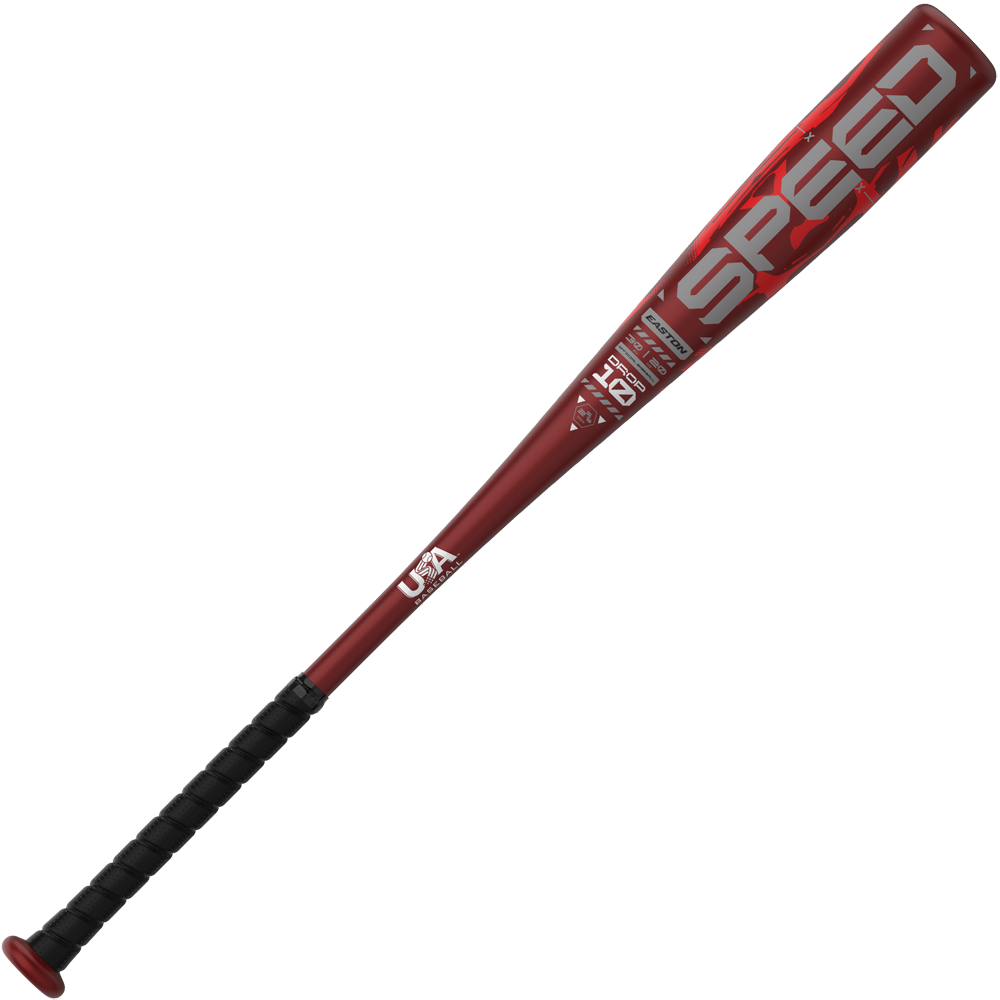 The 2025 Easton Speed (-10) 2 5/8" USA Baseball Bat (EUS5SPD10) features a maroon ALX50 alloy barrel, black grip, and white USA logo near the handle. "SPEED" is displayed in silver lettering on this youth bat by Easton.