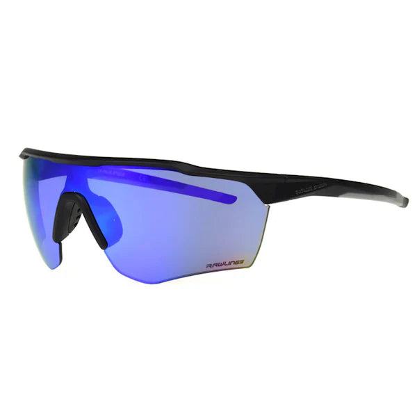 Rawlings Youth RY Sunglasses (102640) feature a sleek black frame, mirrored blue impact-resistant lenses, and the Rawlings logo on the bottom corner of the right lens.