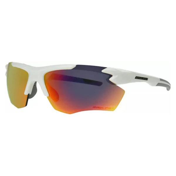 Rawlings Adult RY Sunglasses (102640) feature a sporty white semi-rimless design, red-orange mirrored impact-resistant lenses, and angular aerodynamic frames—ideal for outdoor or athletic use.