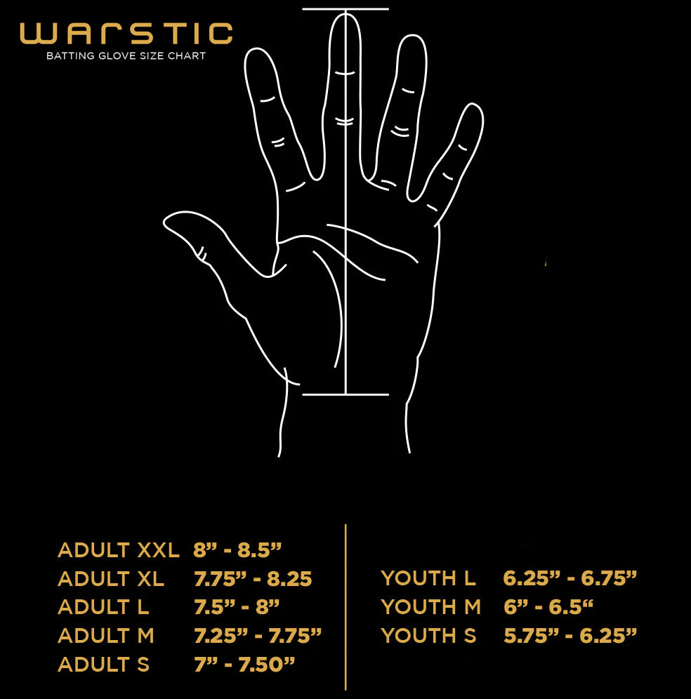 An outlined hand with a vertical measurement line demonstrates how to size Warstic Workman3 Adult Batting Gloves (BG-W3), which come in high performance adult sizes by hand length, from Adult XXL (8”-8.5”) down. Brand: Warstic.