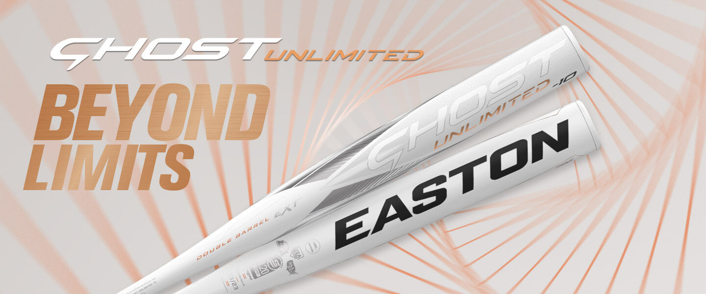 Two white Easton Ghost Unlimited baseball bats are displayed diagonally on a light background with lines. The text reads GHOST UNLIMITED and BEYOND LIMITS in bold, modern fonts.