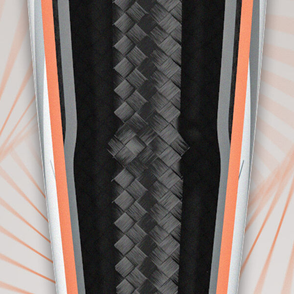 Close-up of a patterned carbon fiber surface with black, dark gray, and light gray colors, bordered by orange and silver edges, set against a pale background with faint radiating lines.