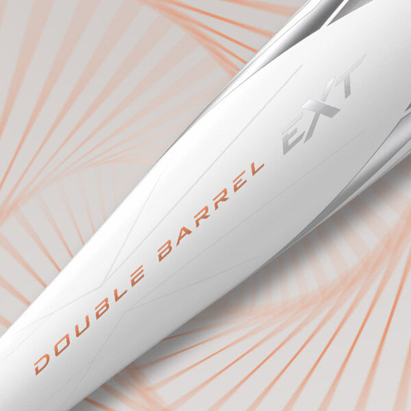Close-up of a sleek white baseball bat labeled DOUBLE BARREL EXT in metallic letters, with an abstract, radial orange and white background design.