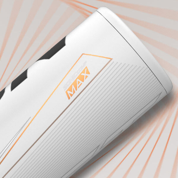 A close-up of a sleek, white cylindrical object with subtle orange and black accents, featuring the word MAX and graphic lines, set against a background with radiating orange lines.