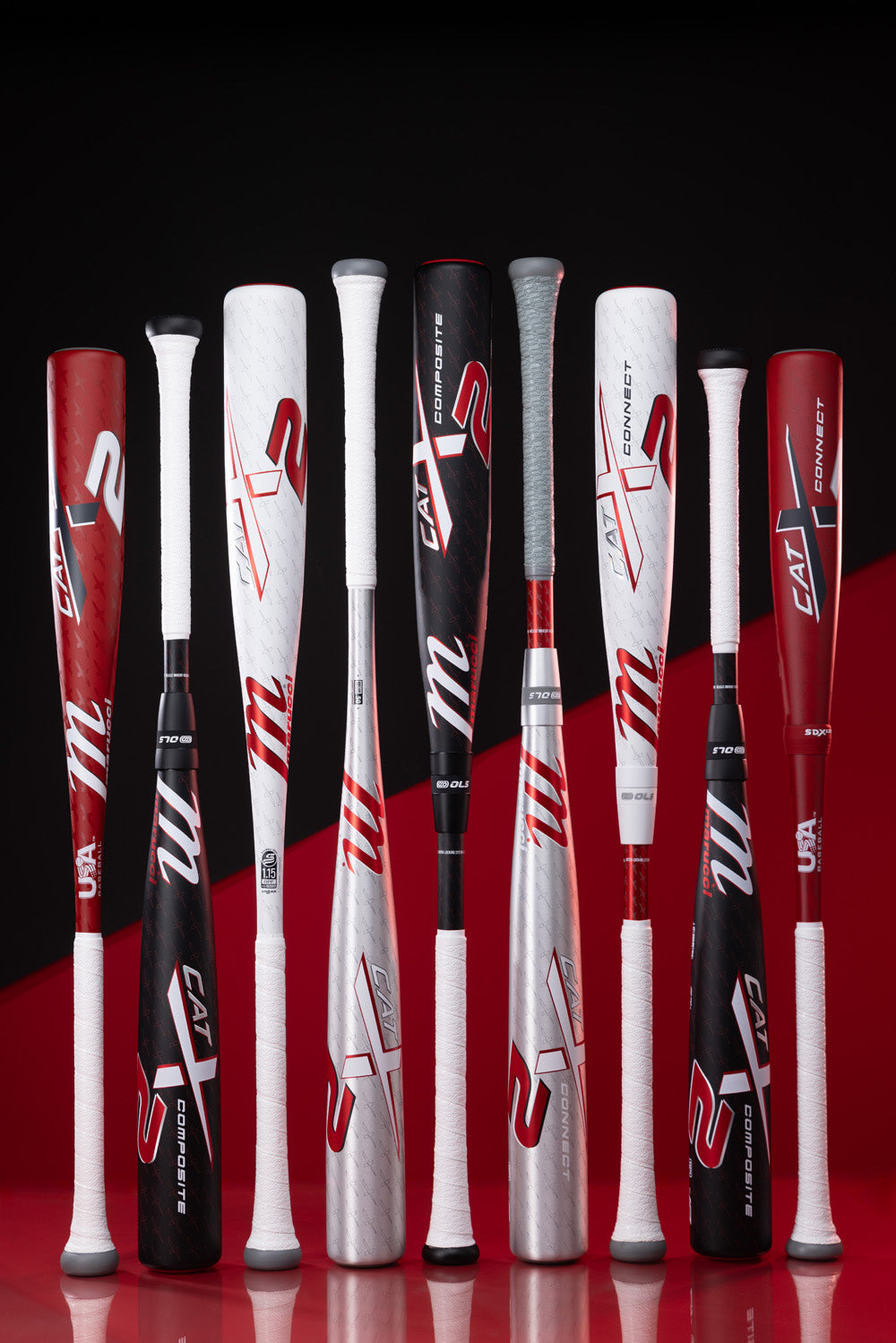Nine Marucci CATX2 Connect (-10) USSSA baseball bats in red, white, black, and silver stand upright against a black and red backdrop, each with white grips and advanced anti-vibration handles showcasing the Marucci brand.