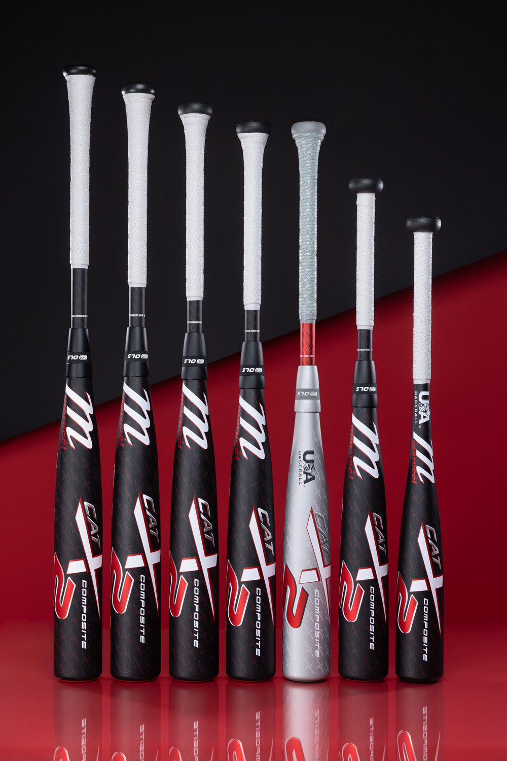A selection of baseball bats, including the Marucci 2025 CATX2 Composite (-10) USA Bat (MSBCCPX210USA) known for its advanced anti-vibration technology.