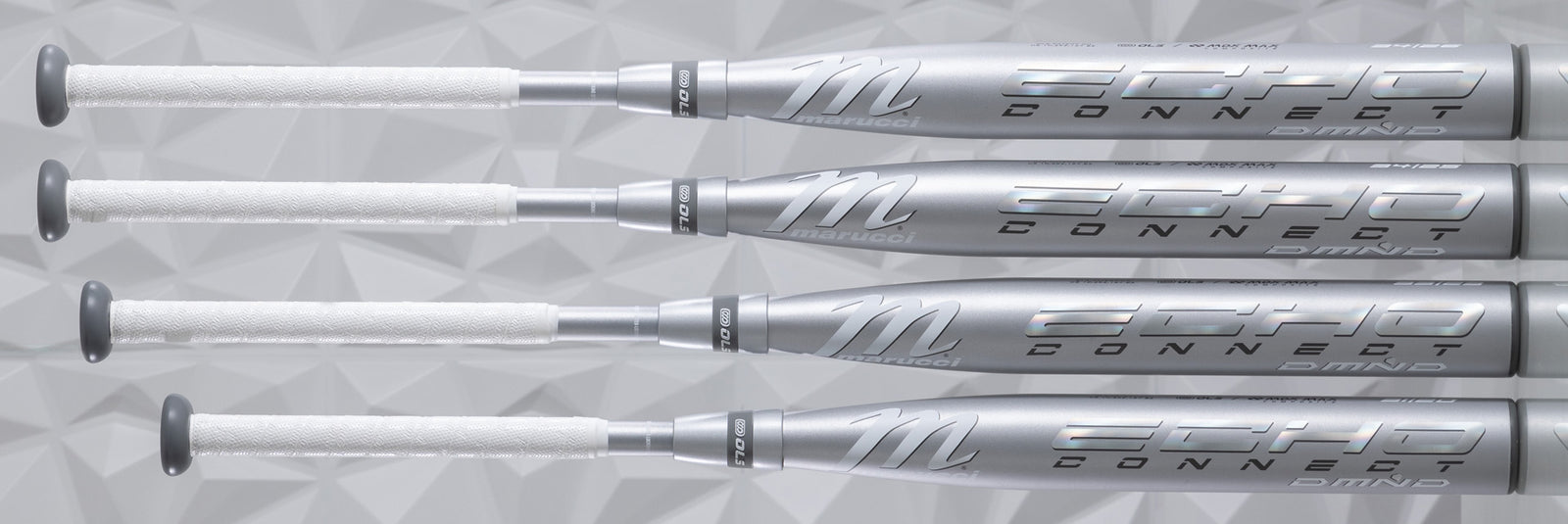 Four silver Marucci Echo Connect DMND baseball bats with white grips are stacked horizontally against a geometric white background.