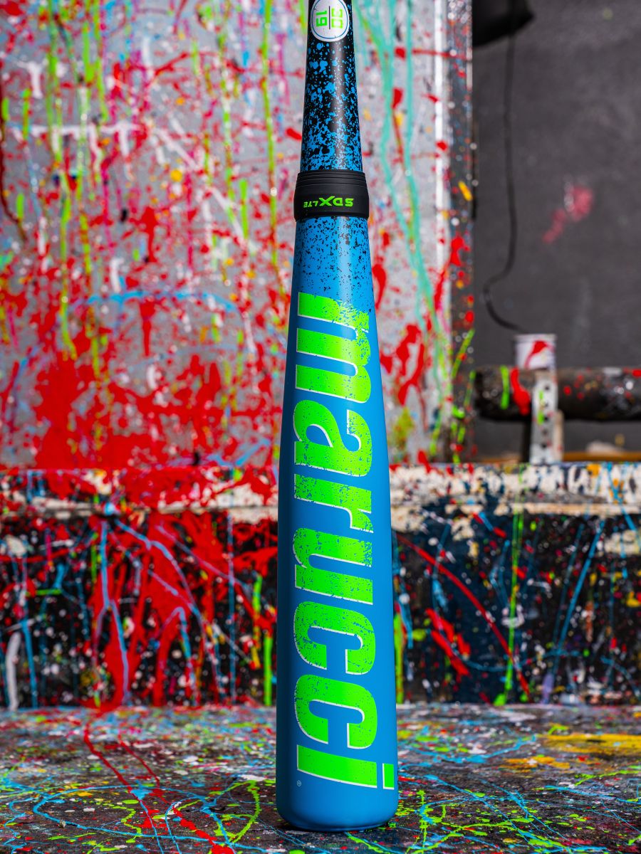 A blue 2026 Marucci CAT X RCKLESS Hybrid (-8) 2 5/8" USA Baseball Bat (MSBCRH8USA) features green text on it.
