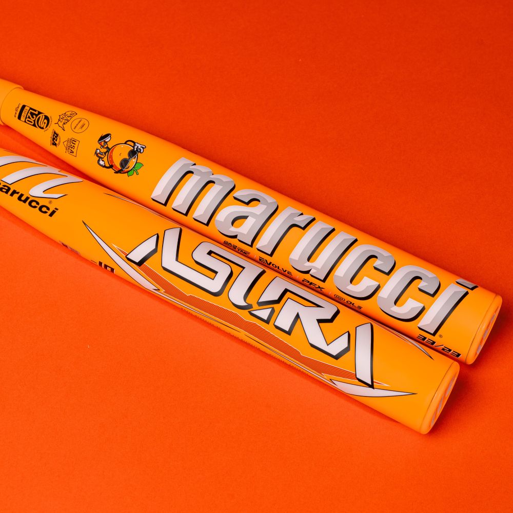 Two bright orange Marucci 2025 ASURA Glow Citrus Spark (-11) Fastpitch bats, featuring white and gray logos, are side by side on an orange background. One bat displays the stylized Astra logo and highlights EVolve Composite Technology.