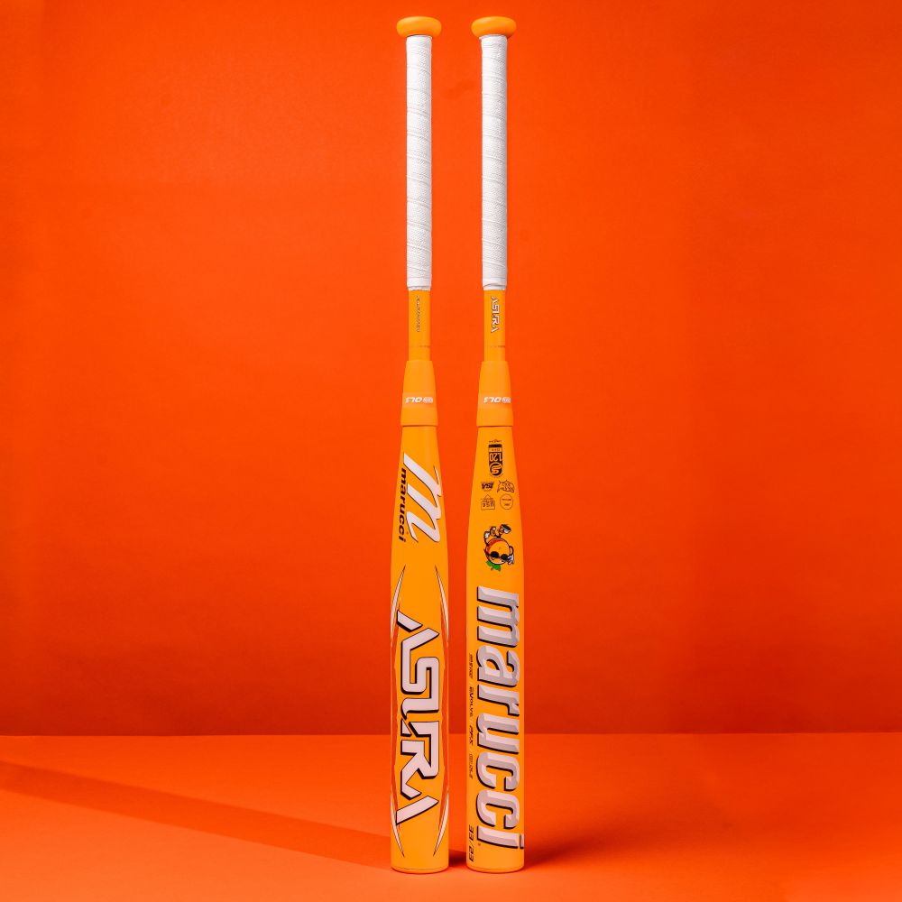 Two Marucci ASURA Glow Citrus Spark (-10) fastpitch bats with white handles stand upright against an orange background. Featuring bold white and blue logos, they showcase innovative Gap Sync Barrel Technology for performance.