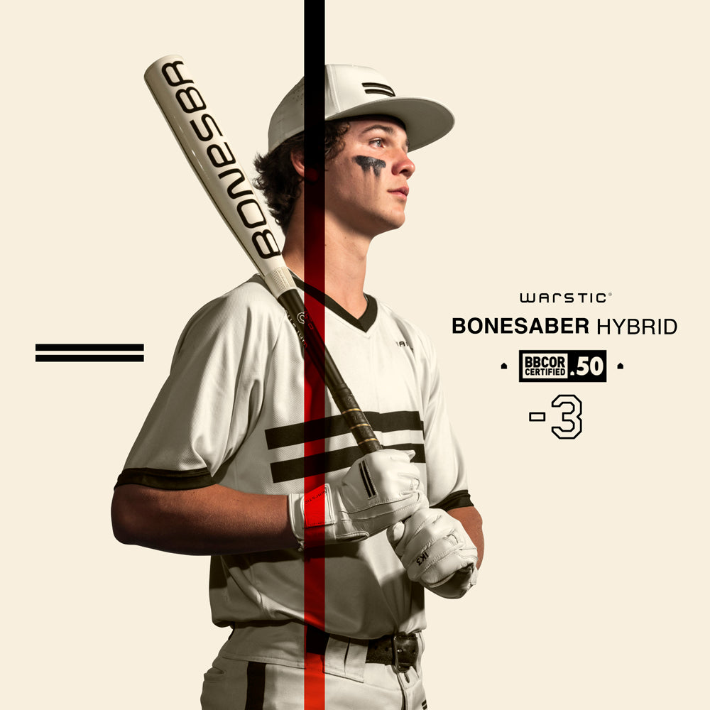 A baseball player in a white and black uniform holds the 2025 Warstic Bonesaber Hybrid (-3) BBCOR Baseball Bat (MBBSRHB25WH3). Text reads BBCOR Certified .50. The image is accented by a vertical red line and horizontal black lines.