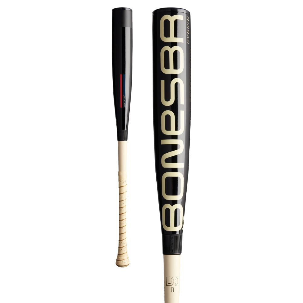 The Warstic 2025 Bonesaber Hybrid Black Cobra (-5) USA bat features a black and beige Katana2X Alloy Barrel with BONESBR in bold letters, a beige wrapped grip handle, shown from side and back.
