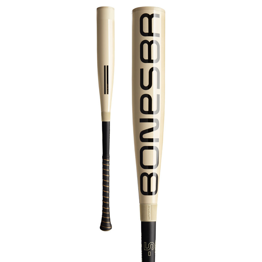 The 2025 Warstic Bonesaber Hybrid (-5) USSSA Baseball Bat features a cream-colored alloy barrel with bold black BONESBR branding, plus a black grip with gold accents, shown from side and rear angles.