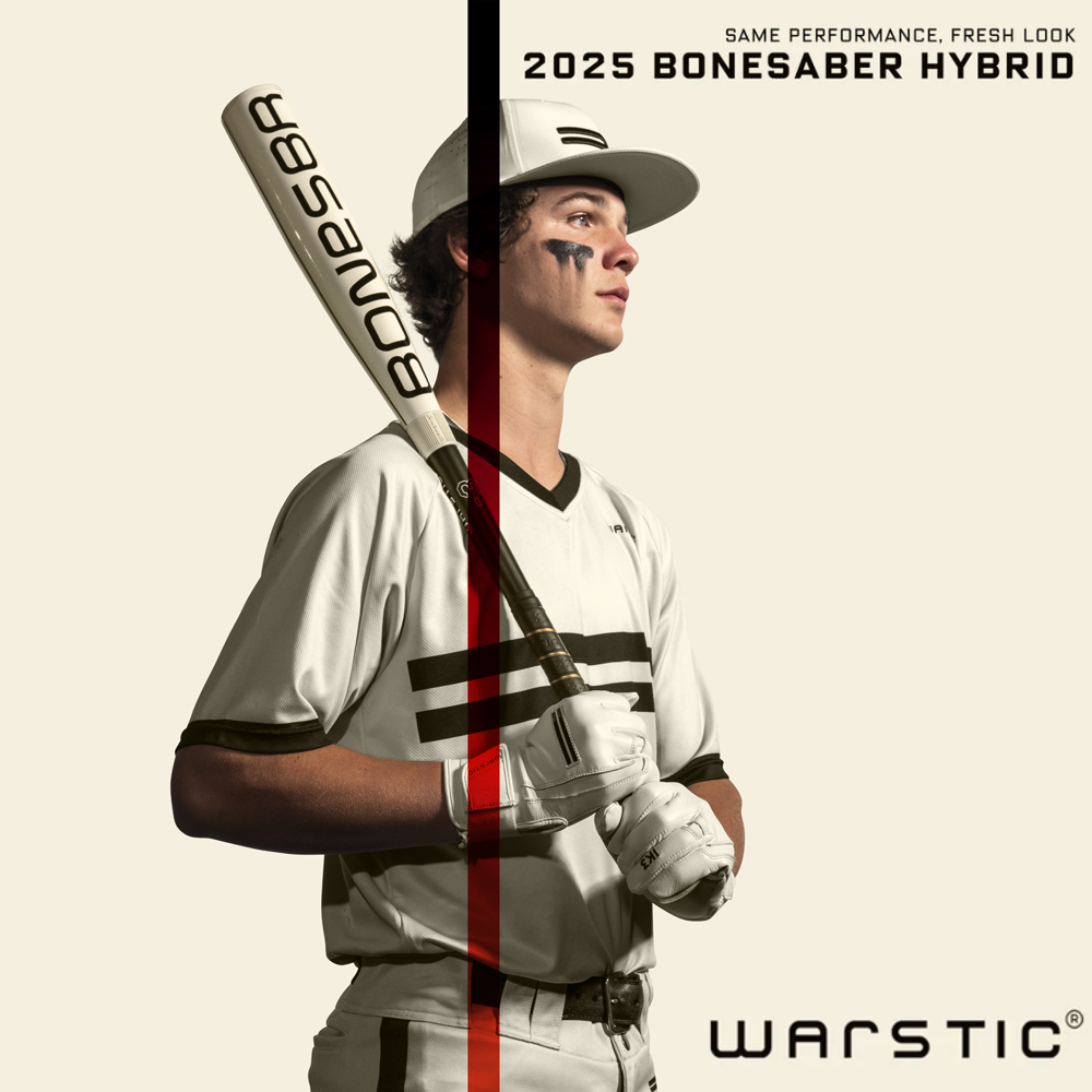 A baseball player in a white uniform holds a bat labeled Bonesaber. He faces right with black eye stripes. Text reads 2025 Bonesaber Hybrid, Same performance. Fresh look, and Warstic on a light background.