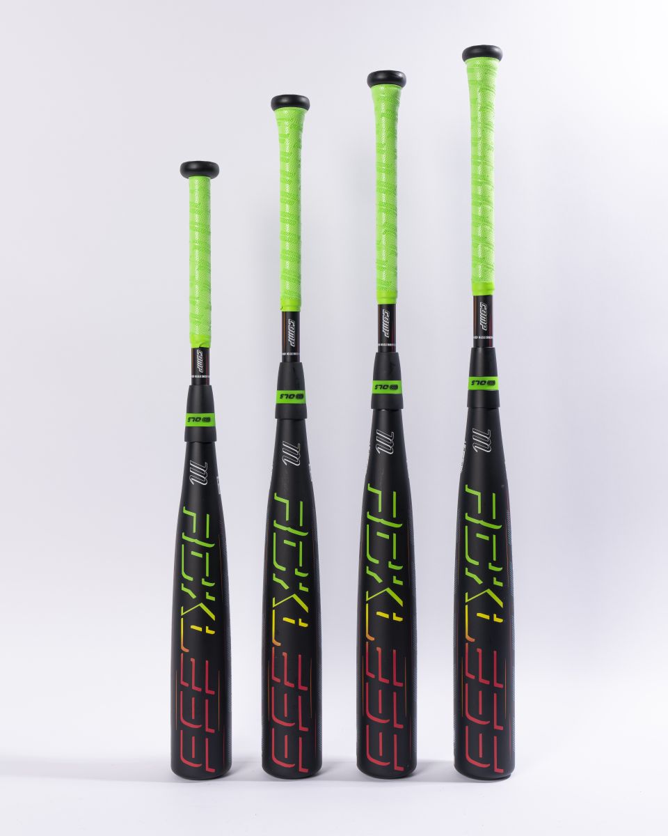 Four Marucci 2027 RCKLESS Gen 2 Composite (-5) 2 3/4″ USSSA Baseball Bats stand upright against a white background. Finished in black with neon green handles and bold colored graphics, these bats from Marucci feature an ergonomic hand taper for enhanced grip and showcase red or yellow barrel detailing, with heights that vary among the lineup.