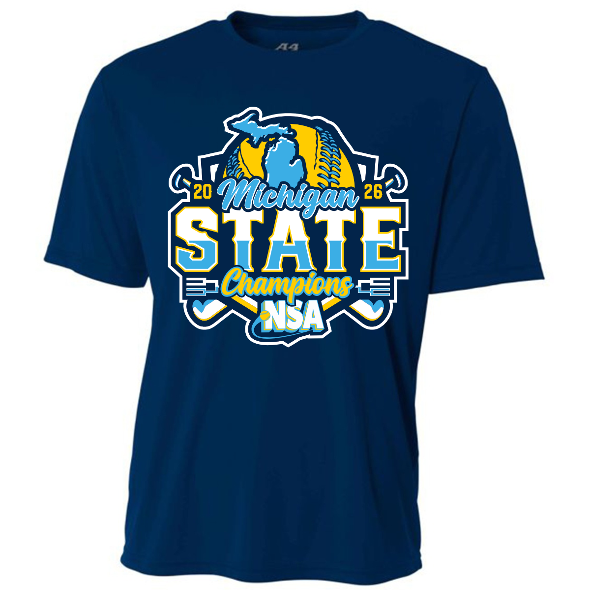 The 2026 NSA Michigan State Champion Commemorative Shirts by DSG Apparel feature a navy blue design with yellow and blue “2026 Michigan State Champions NSA” graphics, plus a Michigan map, hockey sticks, and puck—ideal for fans.