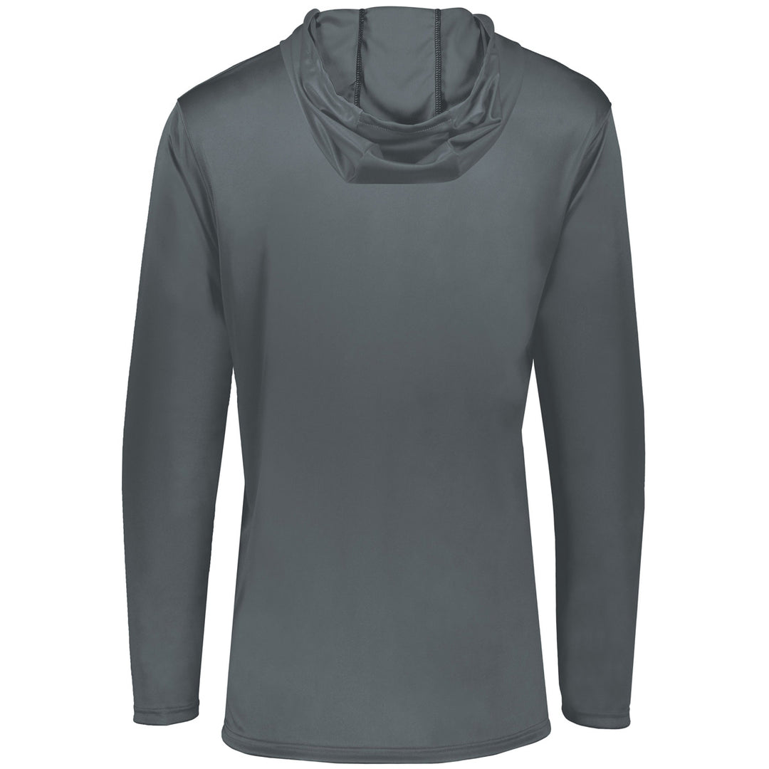 The DSG Apparel NSA Softball Season Momentum Lightweight Hoodie is a plain, long-sleeve, gray moisture-wicking shirt shown from the back on a white background—simple design with no visible logos or patterns, ideal for active comfort.