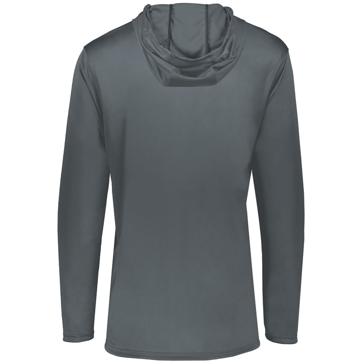 The DSG Apparel NSA Softball Season Momentum Lightweight Hoodie is a plain, long-sleeve, gray moisture-wicking shirt shown from the back on a white background—simple design with no visible logos or patterns, ideal for active comfort.