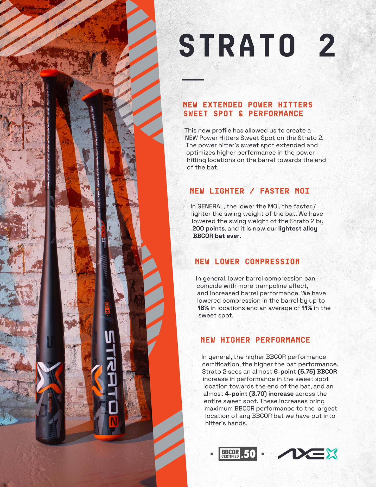 Two black 2024 AXE Strato 2 (-3) BBCOR Baseball Bats (L137M-FLR) stand upright next to a product sheet highlighting the power hitter sweet spot, lighter weight, lower compression, and pro flared Axe handle for enhanced performance.