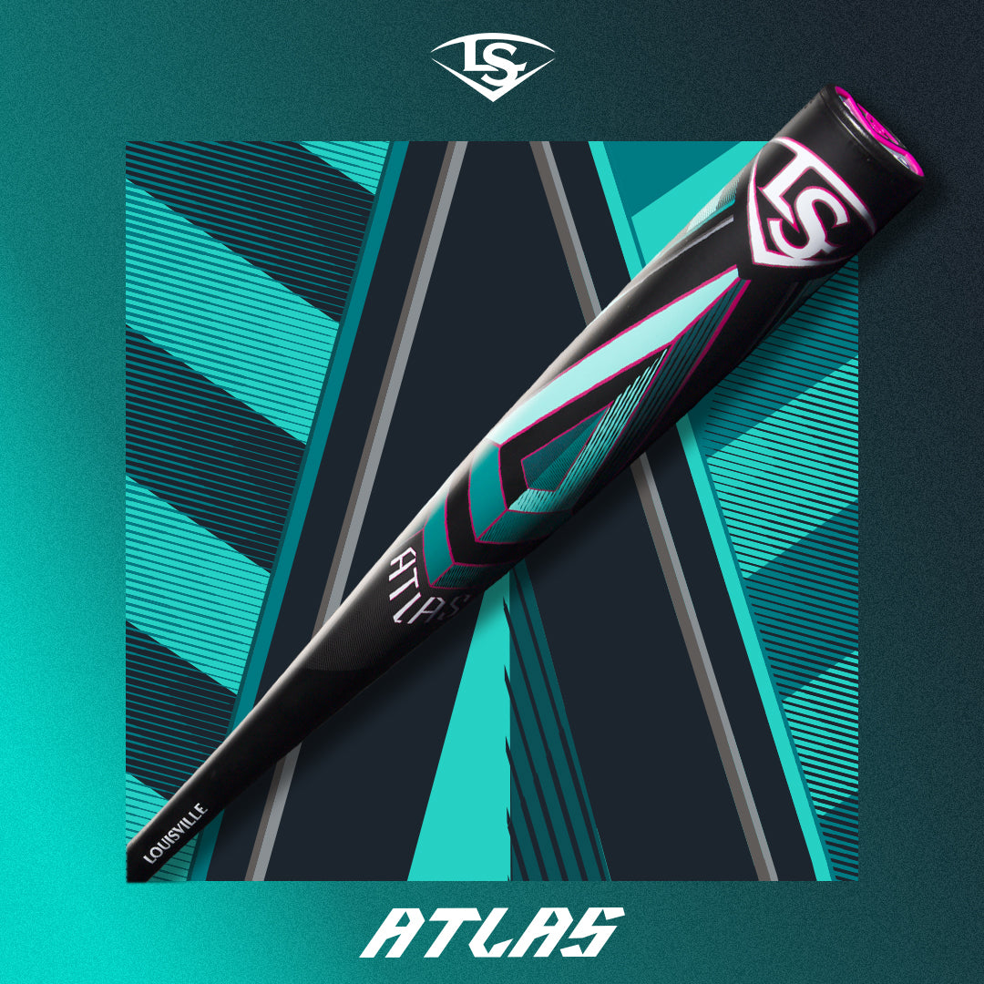 A black Louisville Slugger Atlas baseball bat with teal and pink geometric designs is displayed diagonally on a teal and black patterned background. The word ATLAS is written at the bottom.