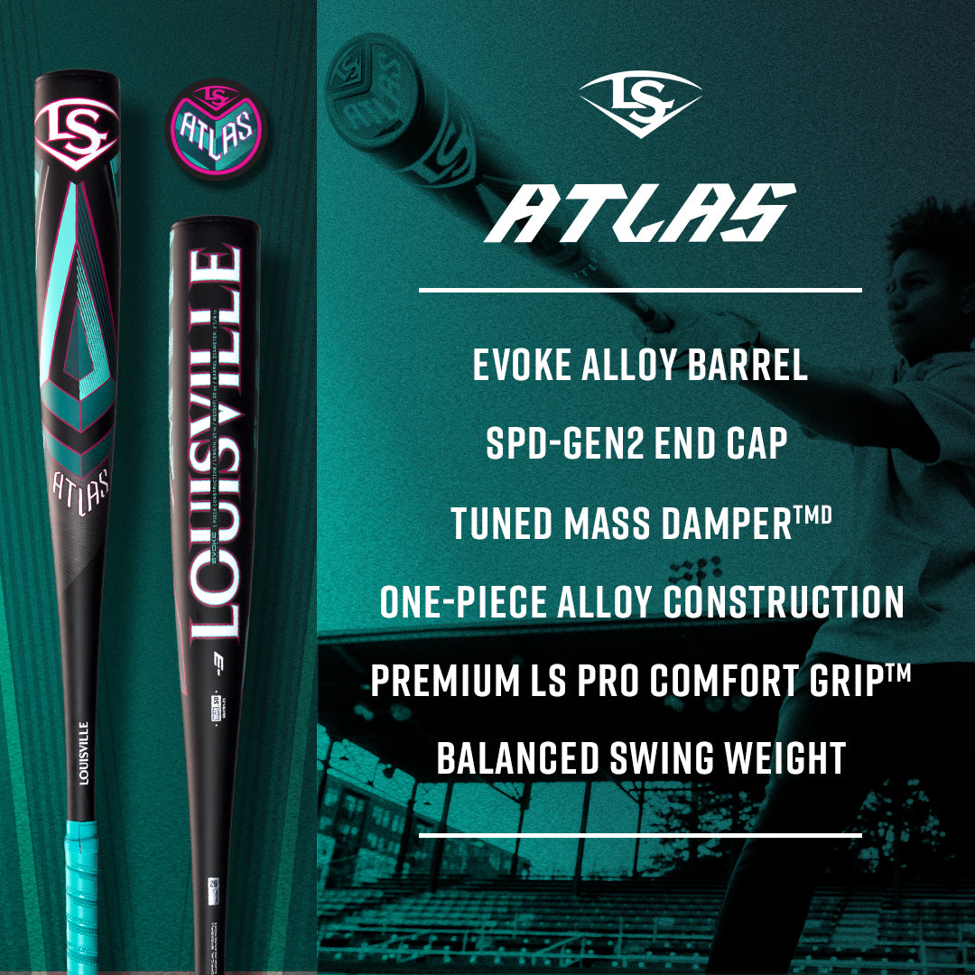 Two Louisville Slugger Atlas baseball bats are shown vertically, with close-ups of the barrel and end cap. Key features are listed beside them, with a player swinging a bat in the background.