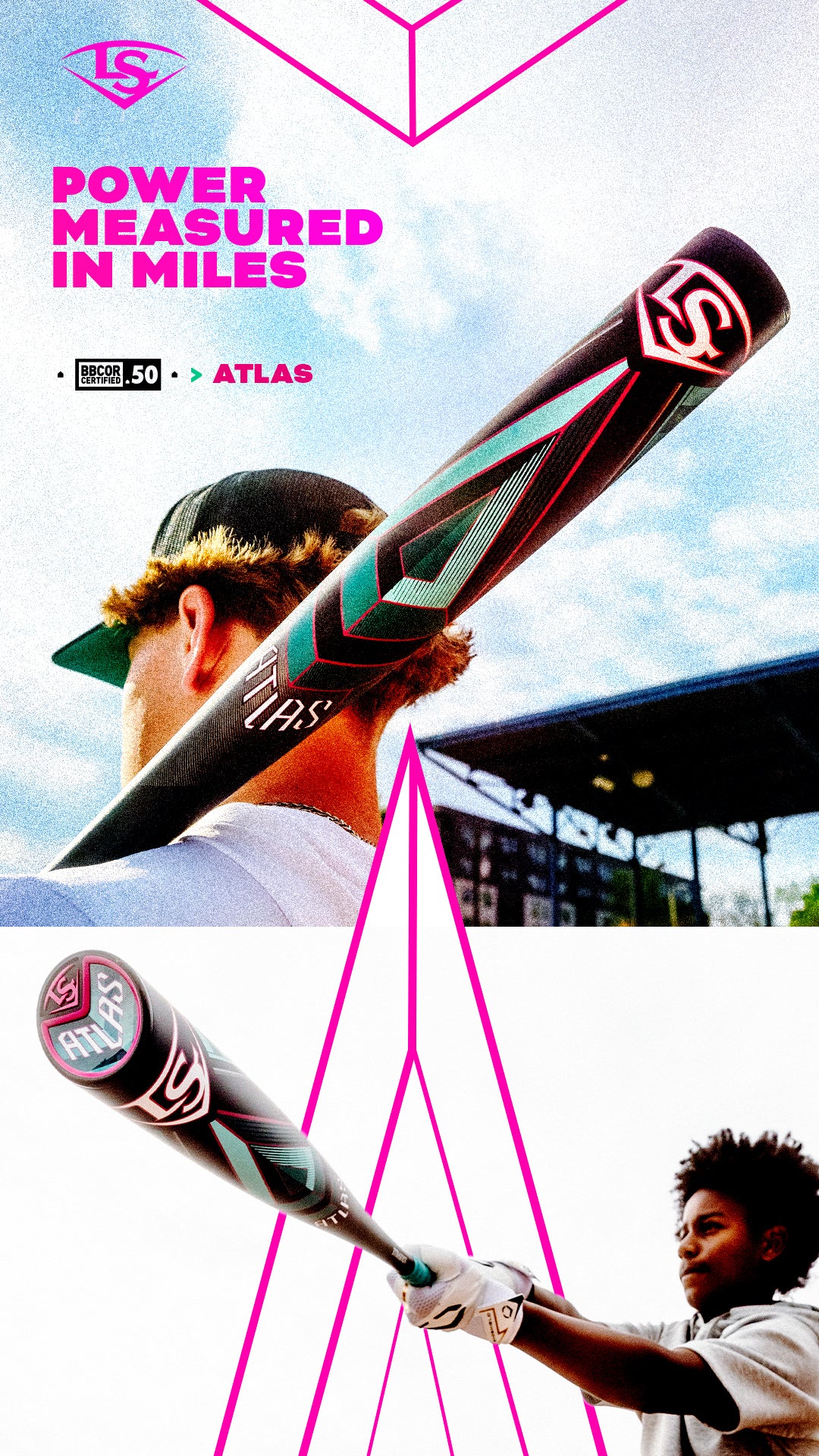 Two players hold the 2025 Louisville Slugger Atlas (-3) BBCOR Baseball Bat: WBL2968010 (DEMO), a one-piece alloy bat with teal and pink accents. Above them, "Power Measured In Miles" appears against a stadium with bright geometric lines.