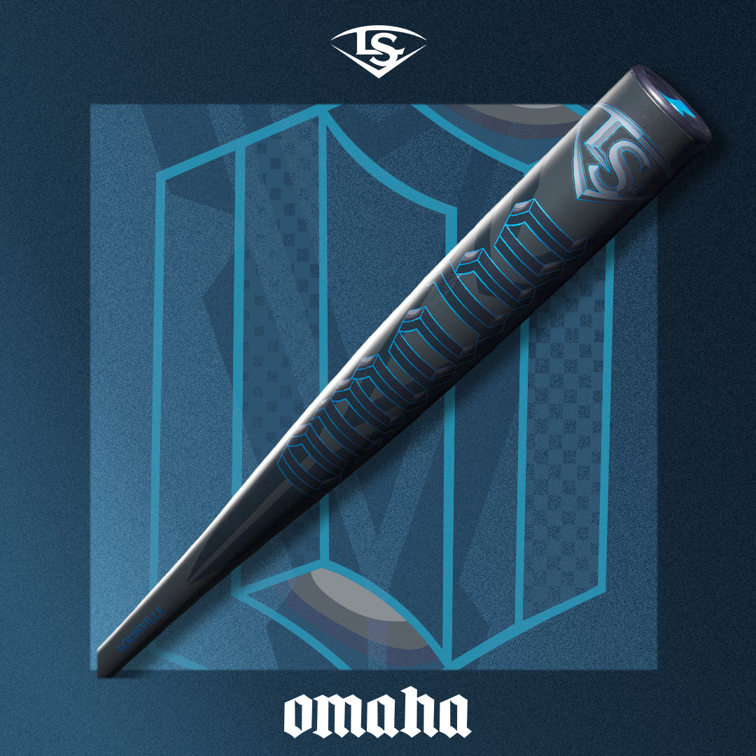 A black Louisville Slugger baseball bat with blue accents is displayed diagonally over a stylized, large blue O on a dark background. The word omaha appears at the bottom in a bold, white font.