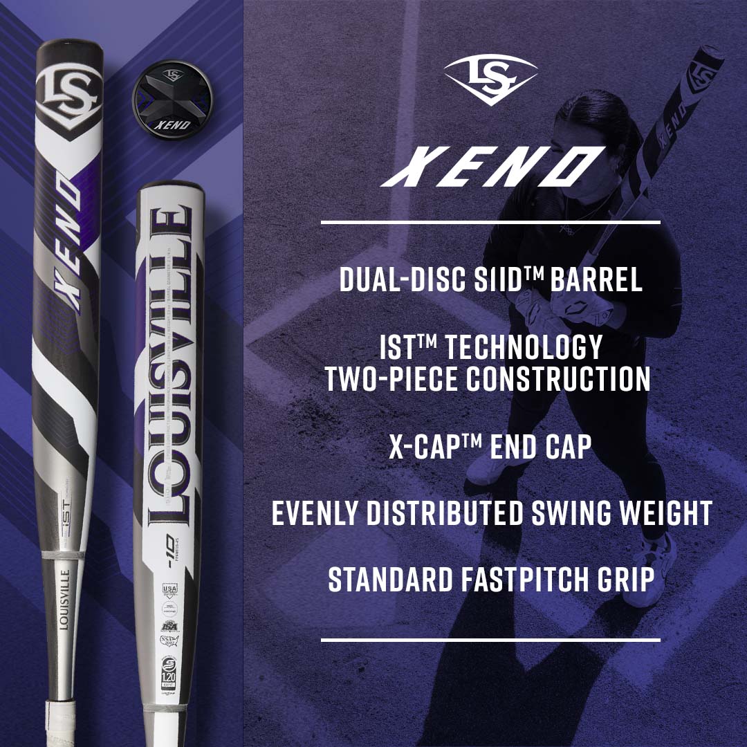Promotional image for the Louisville Slugger Xeno bat, showing the bat from two angles, a close-up of the end cap, and a softball player holding the bat on a diamond. Features and specifications are listed beside the images.