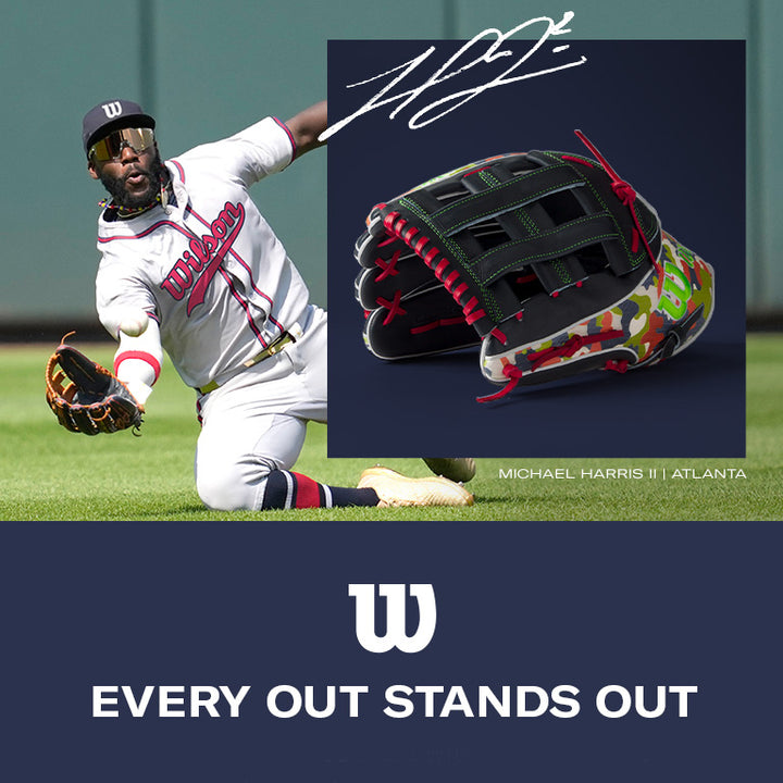 Atlanta Braves outfielder Michael Harris II slides for a catch. Inset: close-up of the Wilson A2K MH23 12.75" Michael Harris GM Baseball Glove, crafted with Pro Stock Select leather and vibrant accents. Text: EVERY OUT STANDS OUT.
