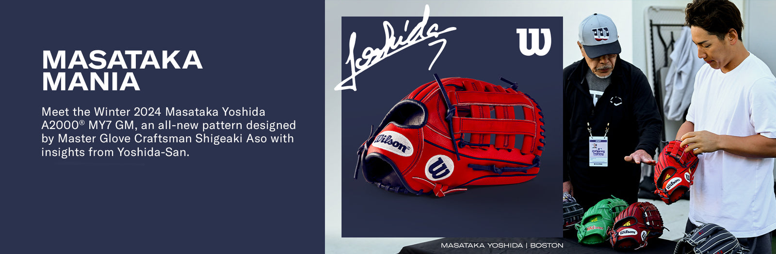 A promotional banner features a red and blue Wilson baseball glove with Masataka Yoshidas signature. On the right, two men examine baseball gloves, one trying on a red glove. Text highlights the new glove design.