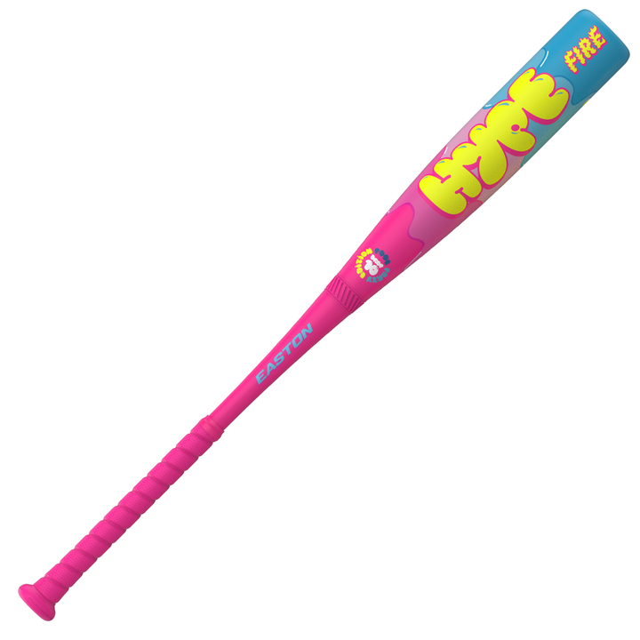 The 2025 Easton Hype Fire Pool Party (-10) USSSA baseball bat (EUT6HPP10) features a bright pink and blue barrel with HYPE in yellow, FIRE in orange, a textured pink grip, and light blue EASTON branding. Approved for USSSA play.