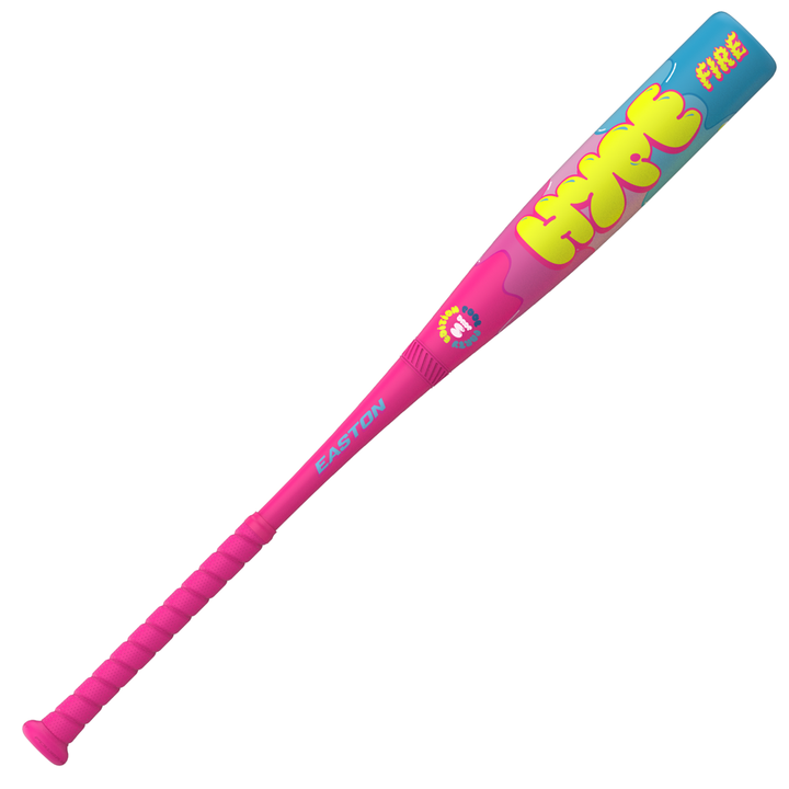 The 2025 Easton Hype Fire Pool Party (-5) USSSA bat features a pink handle, blue Thermo Composite Technology barrel, bold yellow and orange HYPE FIRE graphics, the Easton logo, and a cartoon character near the handle.