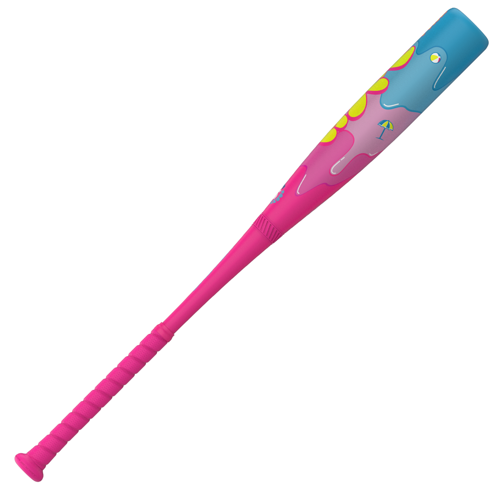 The Easton 2025 Hype Fire Pool Party (-10) USSSA Baseball Bat features a pink handle, vibrant melting blue, yellow, and pink ice cream design, and a small umbrella illustration for standout style.