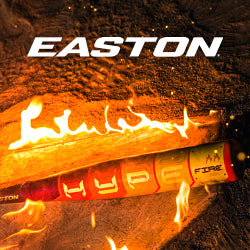 The 2025 Easton Hype Fire (-8) 2 5/8" USA Baseball Bat (EUS5HYP8), a composite bat, is shown partially engulfed in bright orange flames, with EASTON boldly displayed in white letters above it.