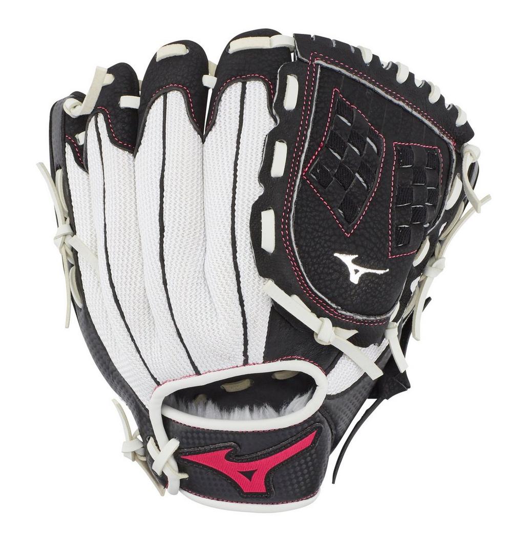A Mizuno Prospect Finch 10" Fastpitch Glove (GPP1005F3) in black, white, and red with white stitching and laces, displayed palm-up on a white background.