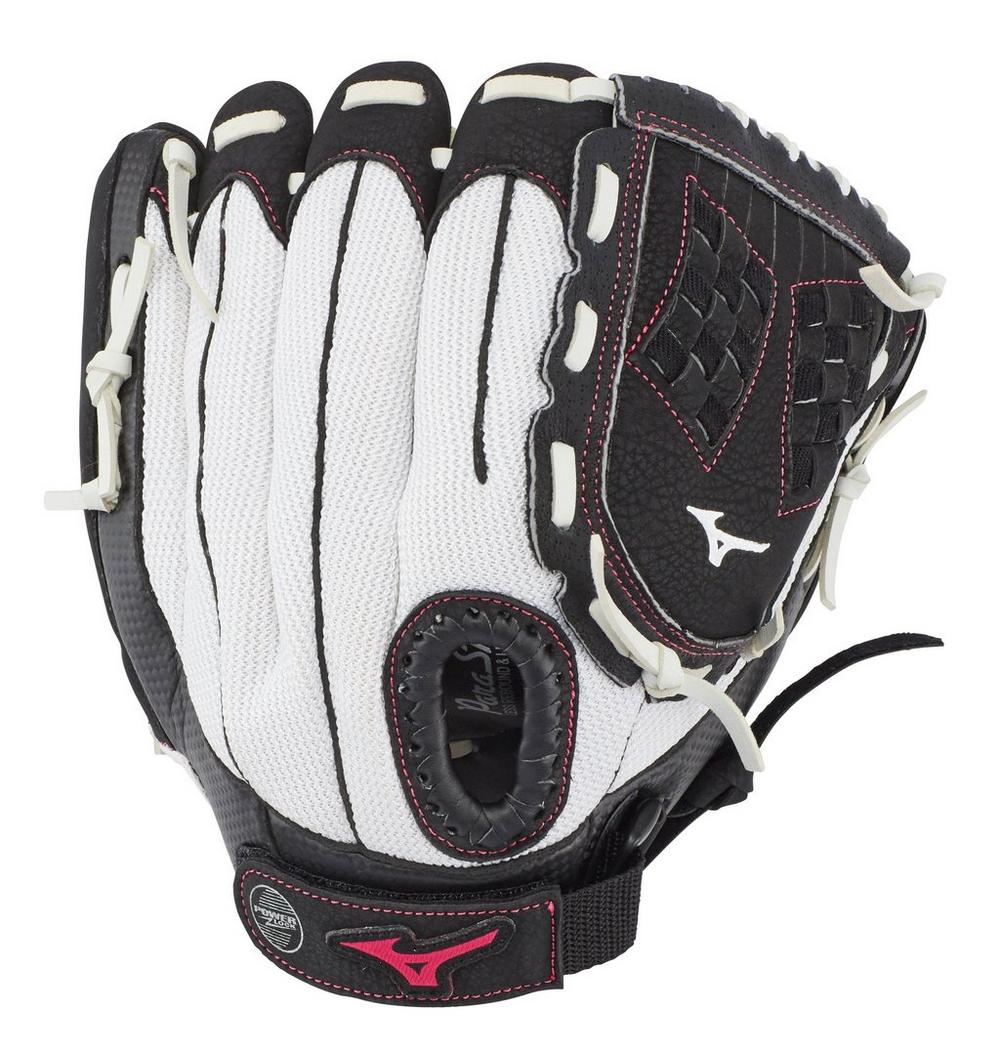 The Mizuno Prospect Finch 11" Fastpitch Glove (GPP1105F3) features a black and white design with red stitching, white laces, a woven basket web pocket, and Mizuno logos on the wrist strap and thumb.