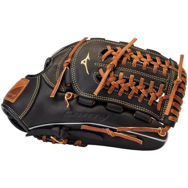 The Mizuno Select 9 11.5" Baseball Glove (GSN1150) features Bio Soft Leather, black and brown laces, gold Mizuno logo, and detailed stitching on the webbing and fingers.