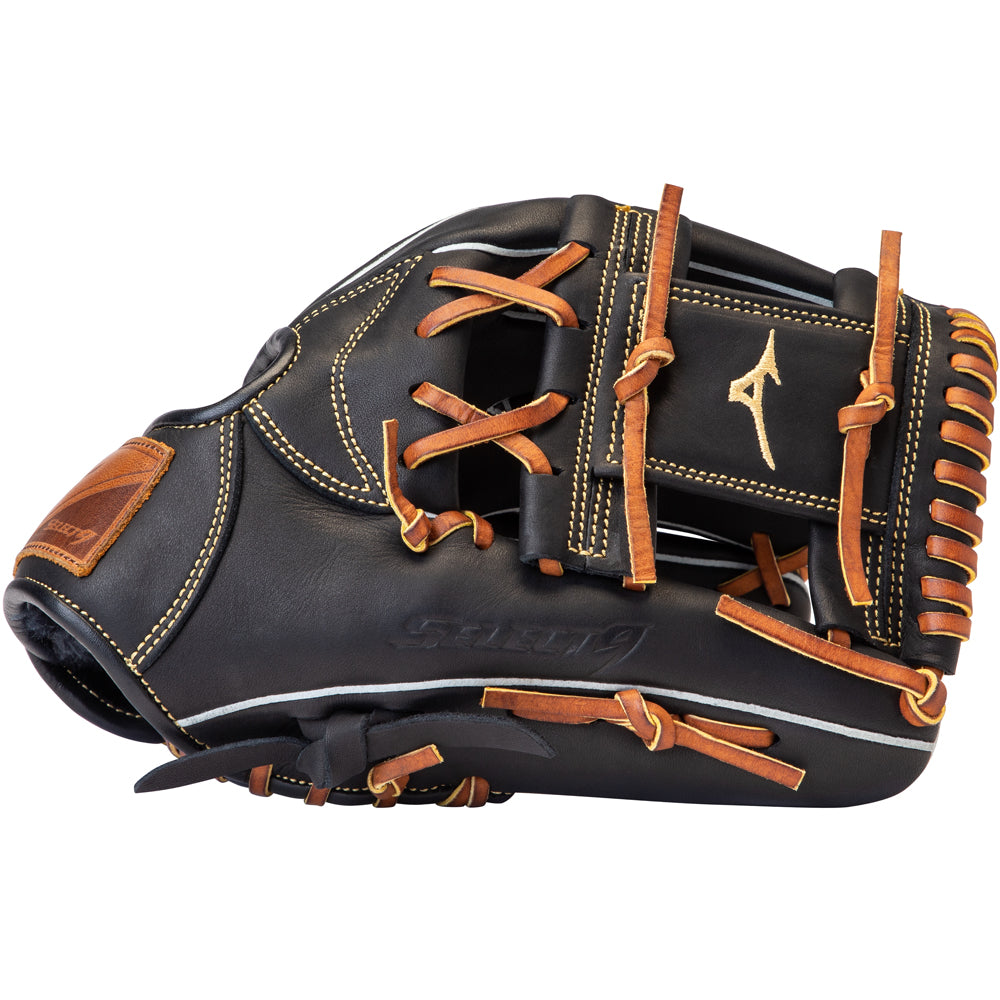 A Mizuno Select 9 11.25" Baseball Glove (GSN1125), black with brown laces and yellow stitching, made from Bio Soft Leather and featuring a gold Mizuno logo on the back, is shown closed from the side.