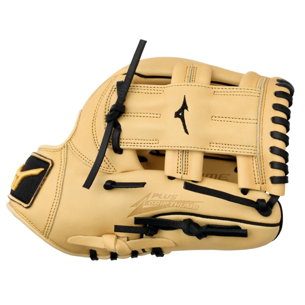 The Mizuno MVP Prime 11.5" Baseball Glove (GMVP1152P4) features tan Bio Soft Leather, black laces, a logo on the wrist strap, and is shown from the side highlighting its webbing and thumb grip.